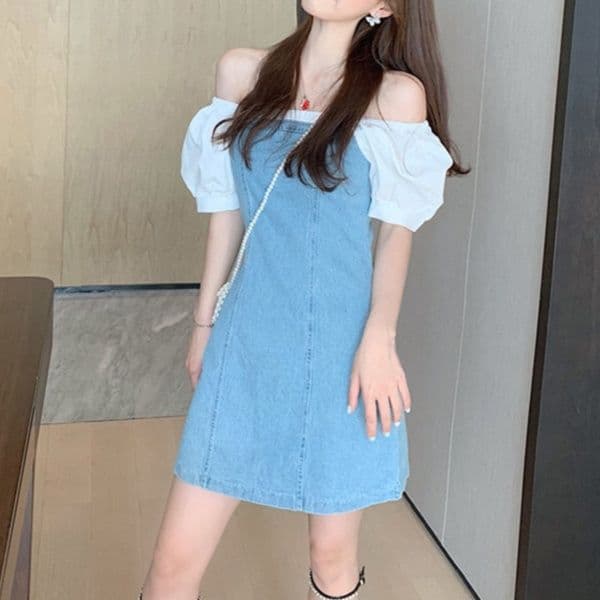 【レディースカジュアルファッション】フラワーレース袖付きデニムワンピース｜美シルエットAラインで細見え＆スタイルアップ◎