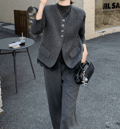 【レディースカジュアルファッション】小香風ツイード調×軽熟風セットアップ｜大人の抜け感が叶う3点コーデ