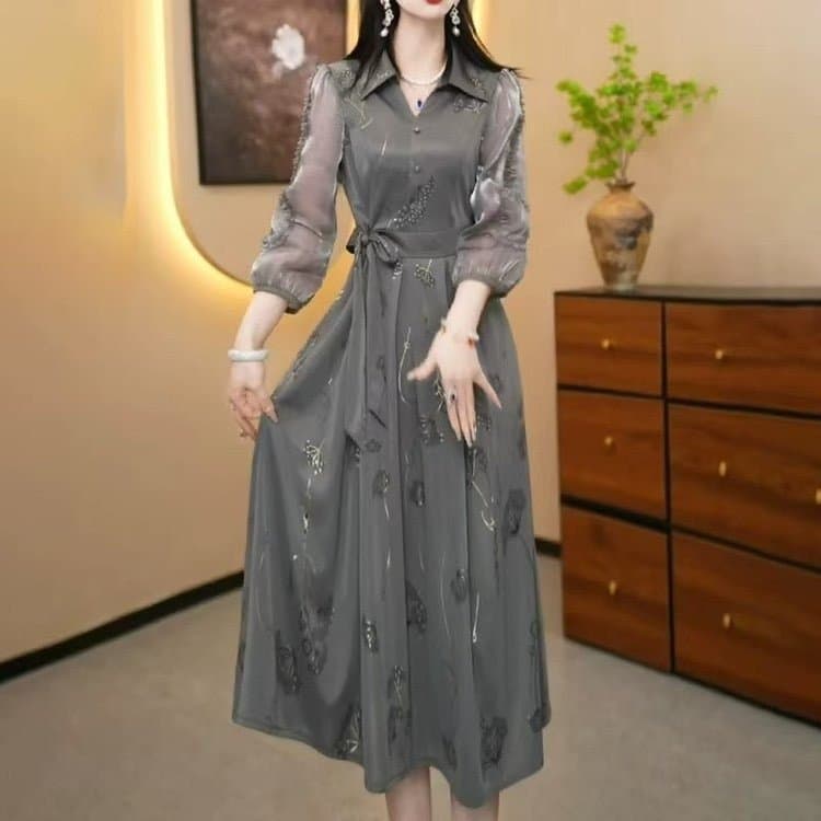 【レディースカジュアルファッション】花柄シフォンロングワンピース｜上品な透け感×ウエストリボンで叶う大人フェミニンスタイル