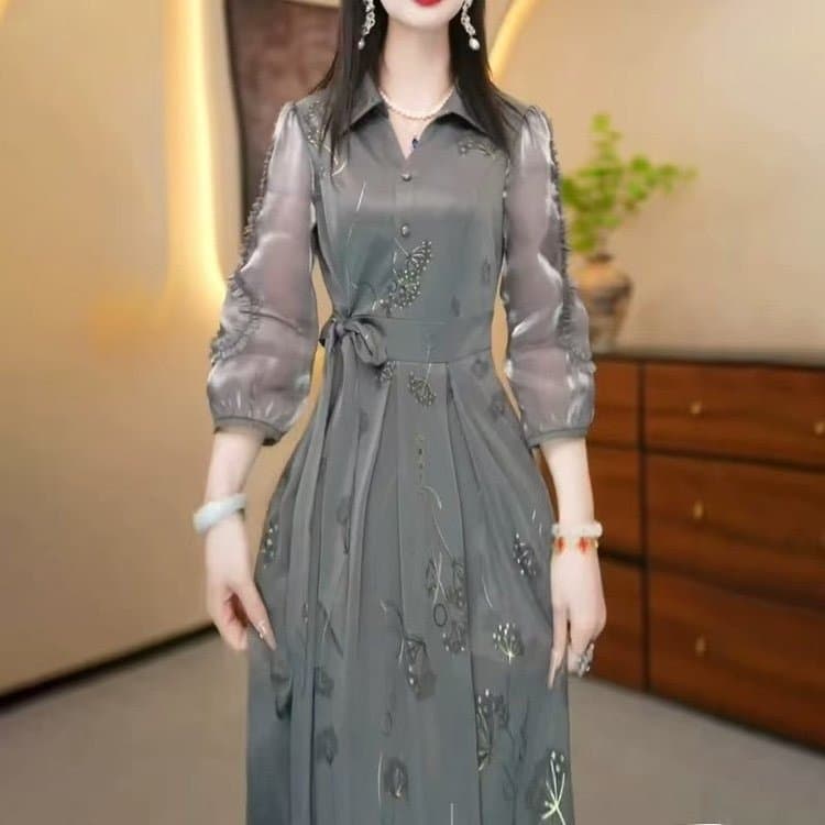 【レディースカジュアルファッション】花柄シフォンロングワンピース｜上品な透け感×ウエストリボンで叶う大人フェミニンスタイル